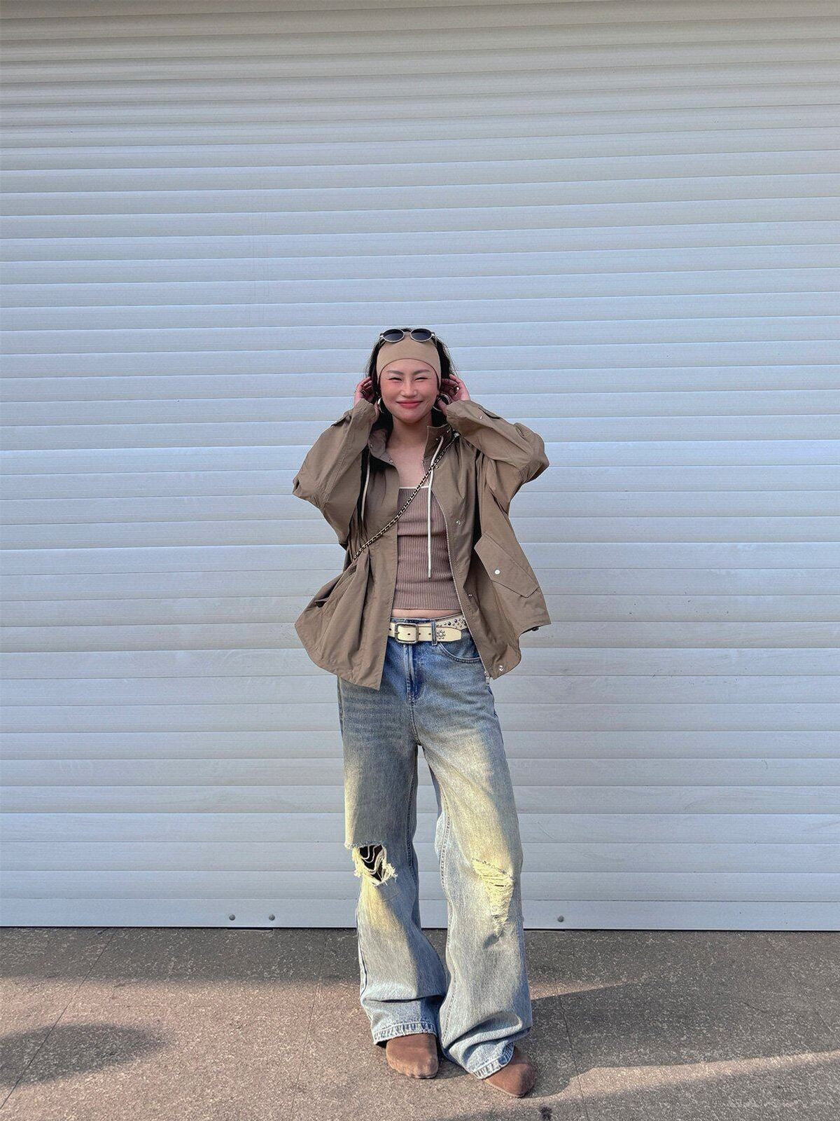 RandomPiece Stowable Hood Triacetate Jacket in Olive - On Model