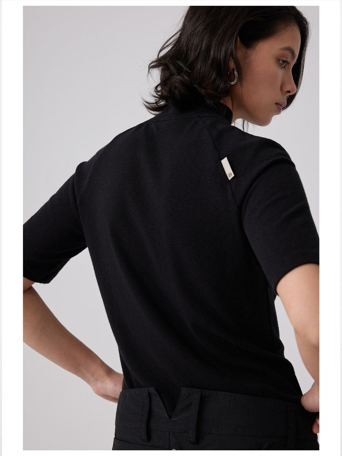 Simple Project Slub Knit Mock Neck Top in Black - On Model