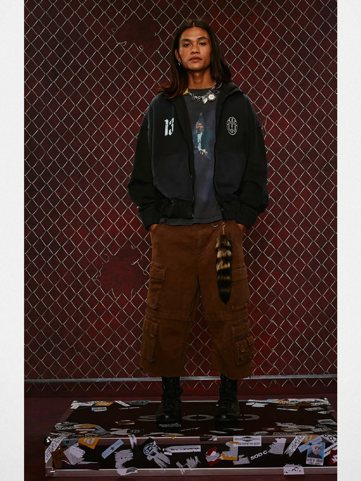 SOD Washed Layered Zip Up Hoodie in Black - On Model