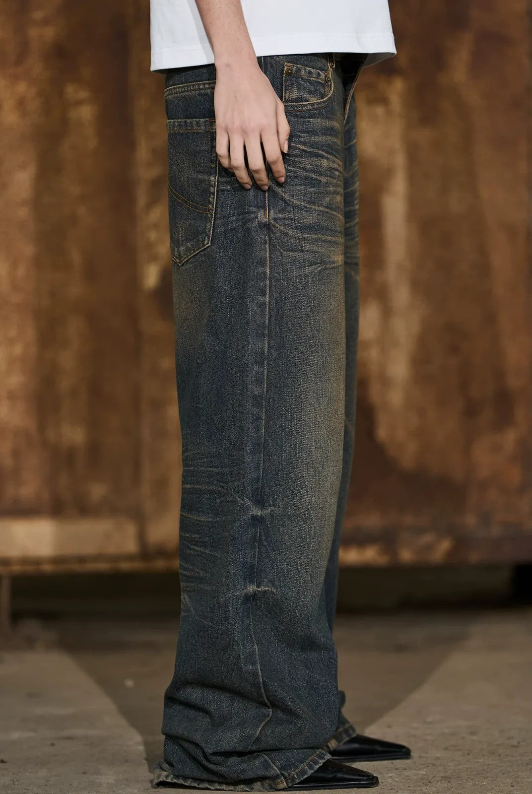 BLINDNOPLAN Mud Dyed Distressed Straight Leg Jeans in Blue - On Model