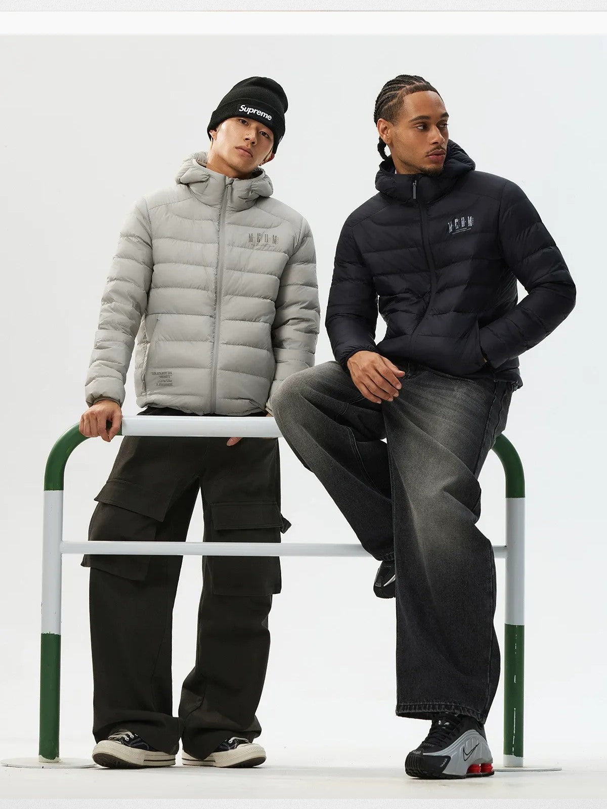 MEDM Waterproof Goose Down Hooded Puffer in Gray - On Male Model