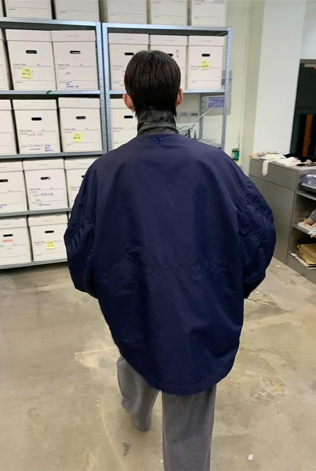NeverSeez Vintage Wash Nylon Barn Jacket in Navy - On Model