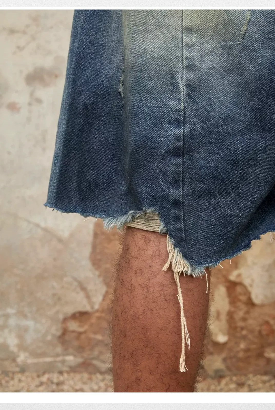 TRIANGLE PROJECT Deconstructed Distressed Denim Shorts in Blue - On Model