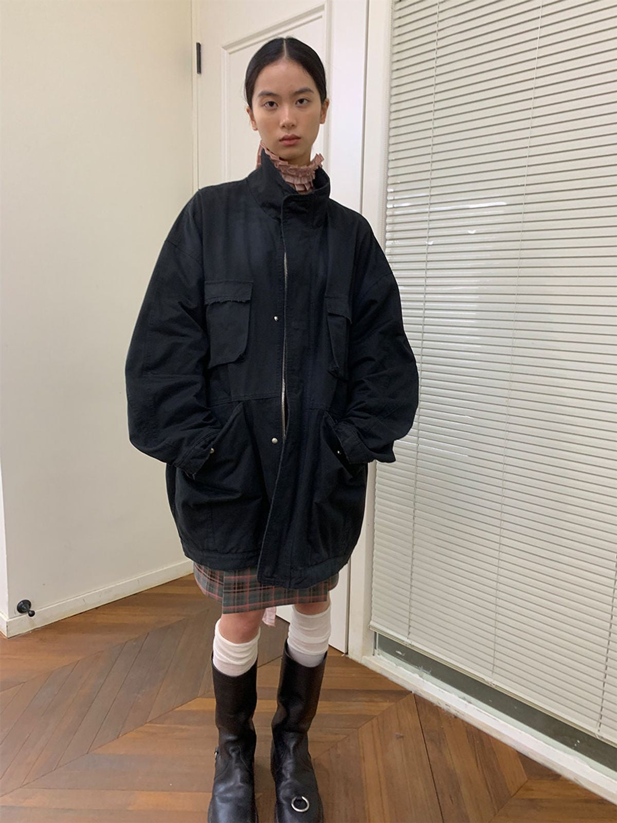 NeverSeez Distressed Cotton Barn Jacket in Black - On Female Model