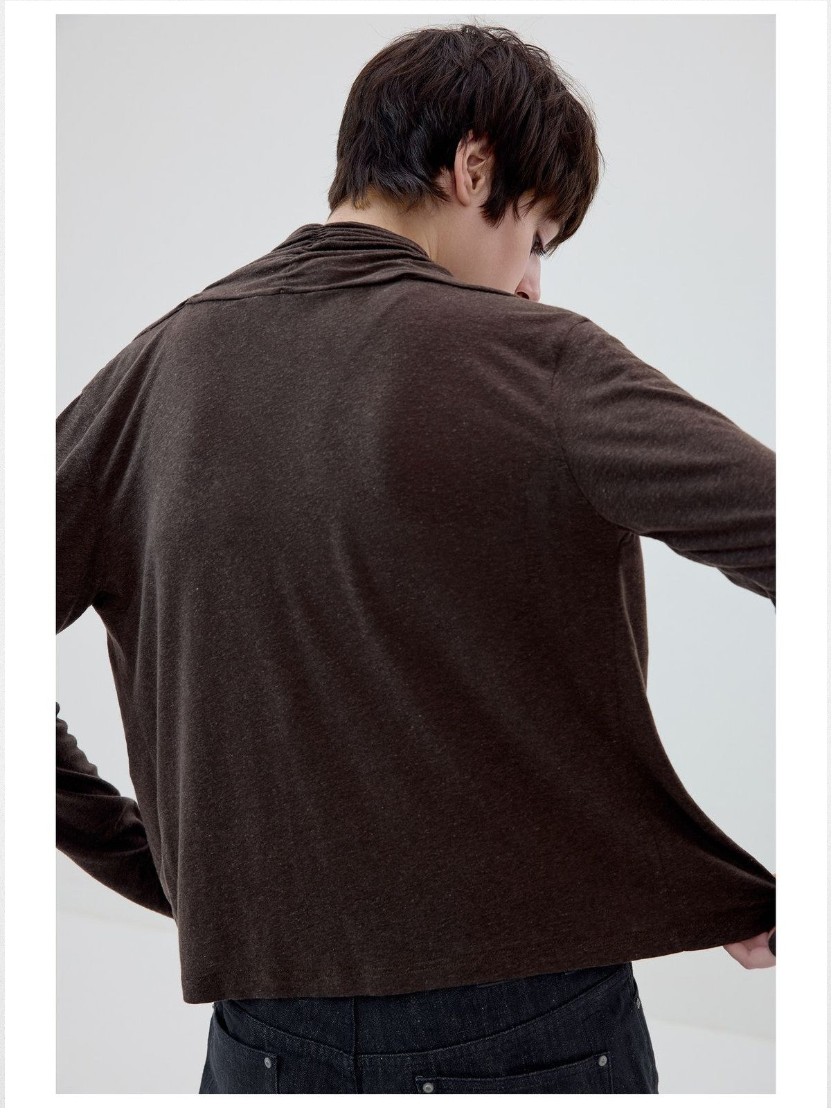 Simple Project Linen Blend Cowl Neck Cardigan in Brown - On Model