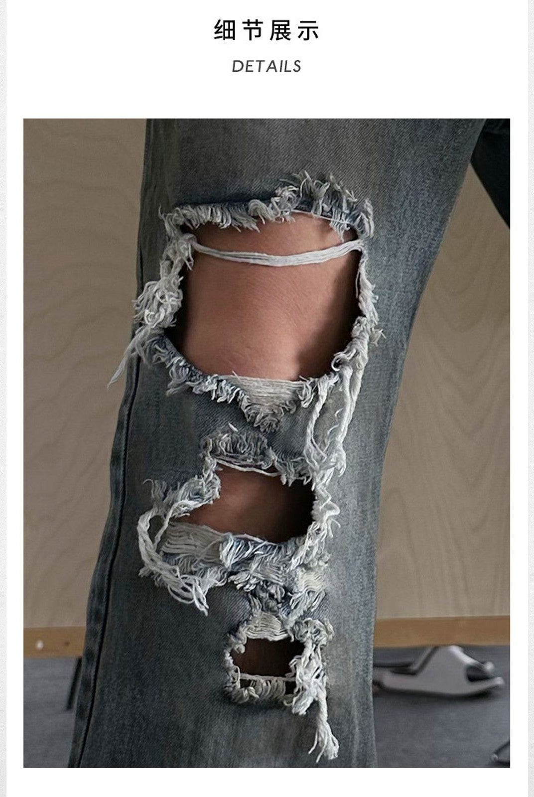 TRIANGLE PROJECT Distressed Dirty Wash Micro Flare Jeans in Denim - On Model