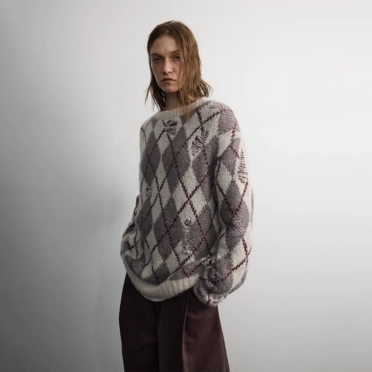 RandomPiece Distressed Argyle Alpaca Blend Sweater in Beige - On Model