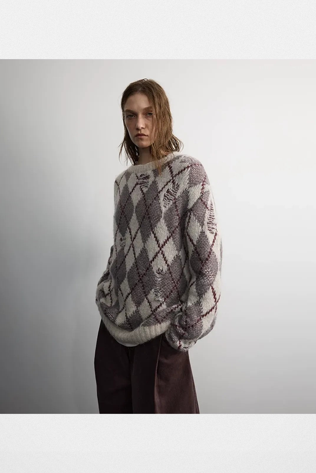 RandomPiece Distressed Argyle Alpaca Blend Sweater in Beige - On Model