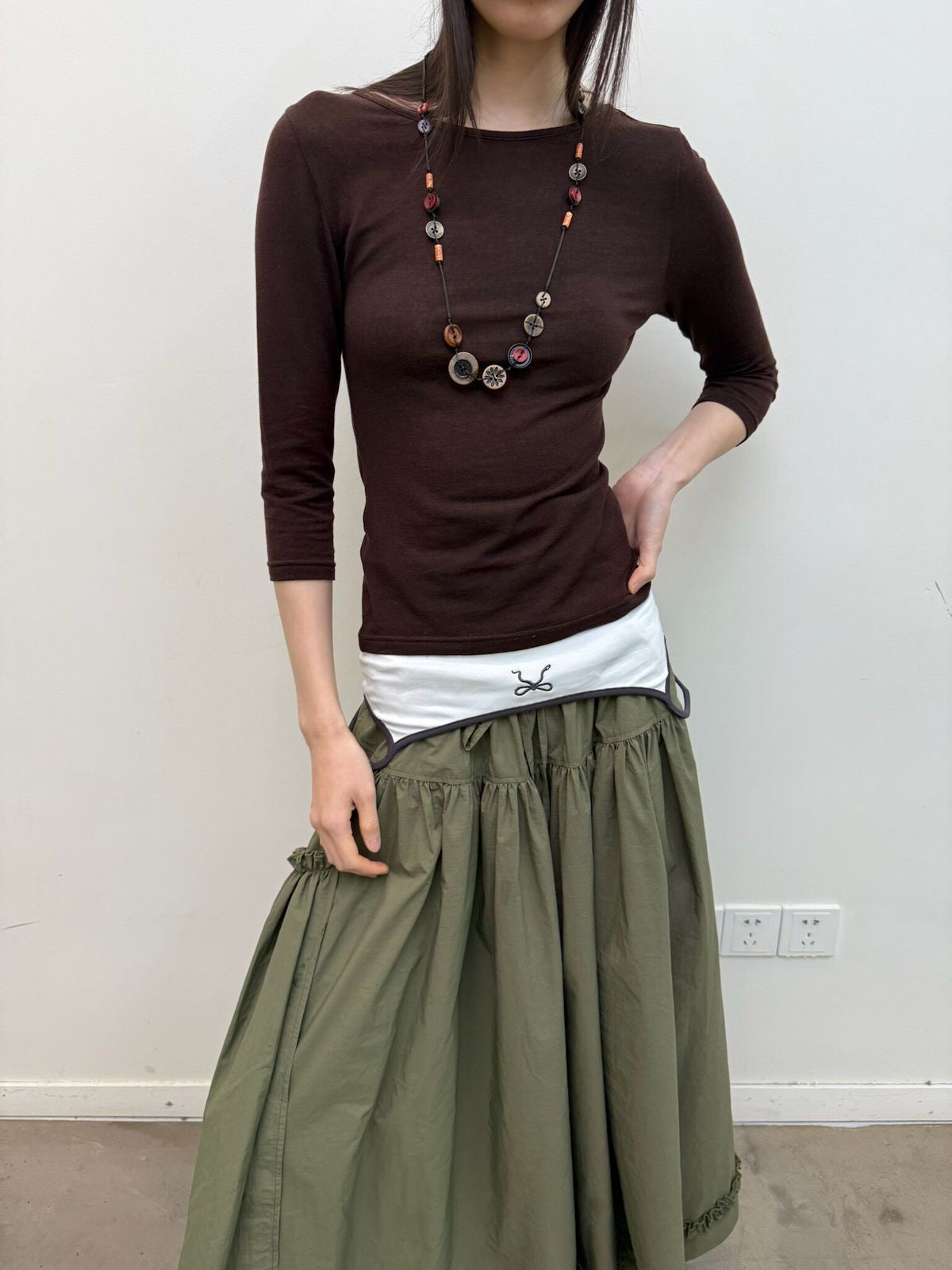 NeverSeez Tencel Wool Blend 3 4 Sleeve Top in Brown - On Model