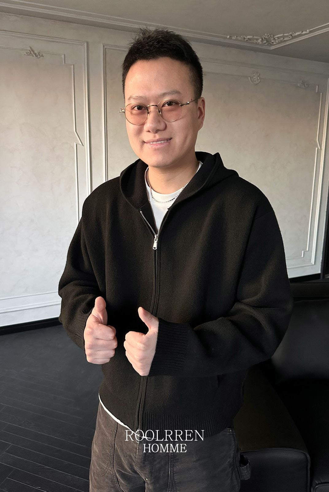 Roolrren Homme Wool Cashmere Zip Up Hoodie in Black - On Model