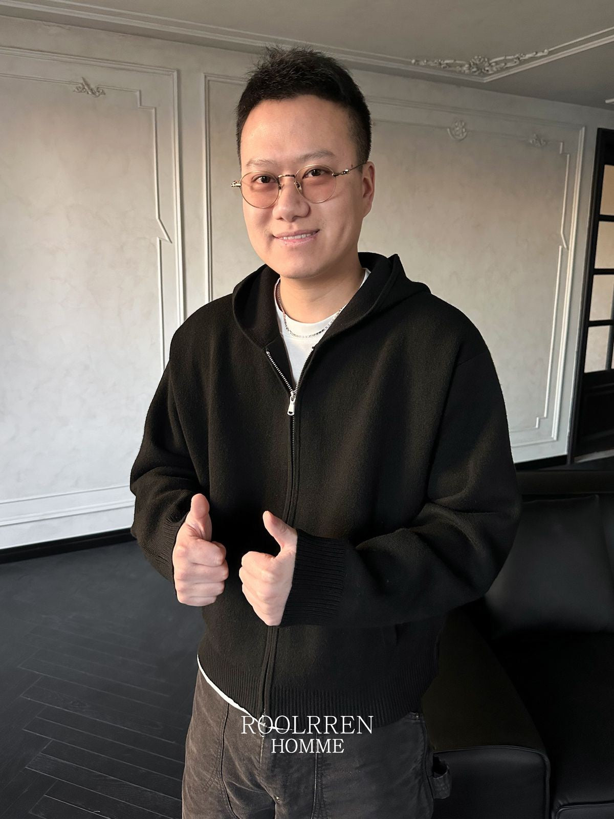 Roolrren Homme Wool Cashmere Zip Up Hoodie in Black - On Model