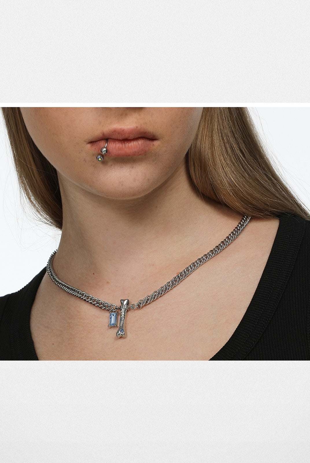BLACKHEAD Blue Rhinestone Bone Necklace in Silver - On Model