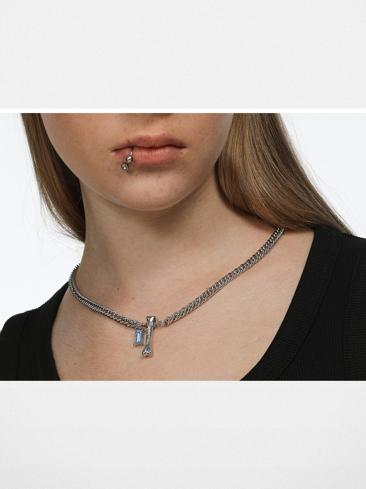 BLACKHEAD Blue Rhinestone Bone Necklace in Silver - On Female Model