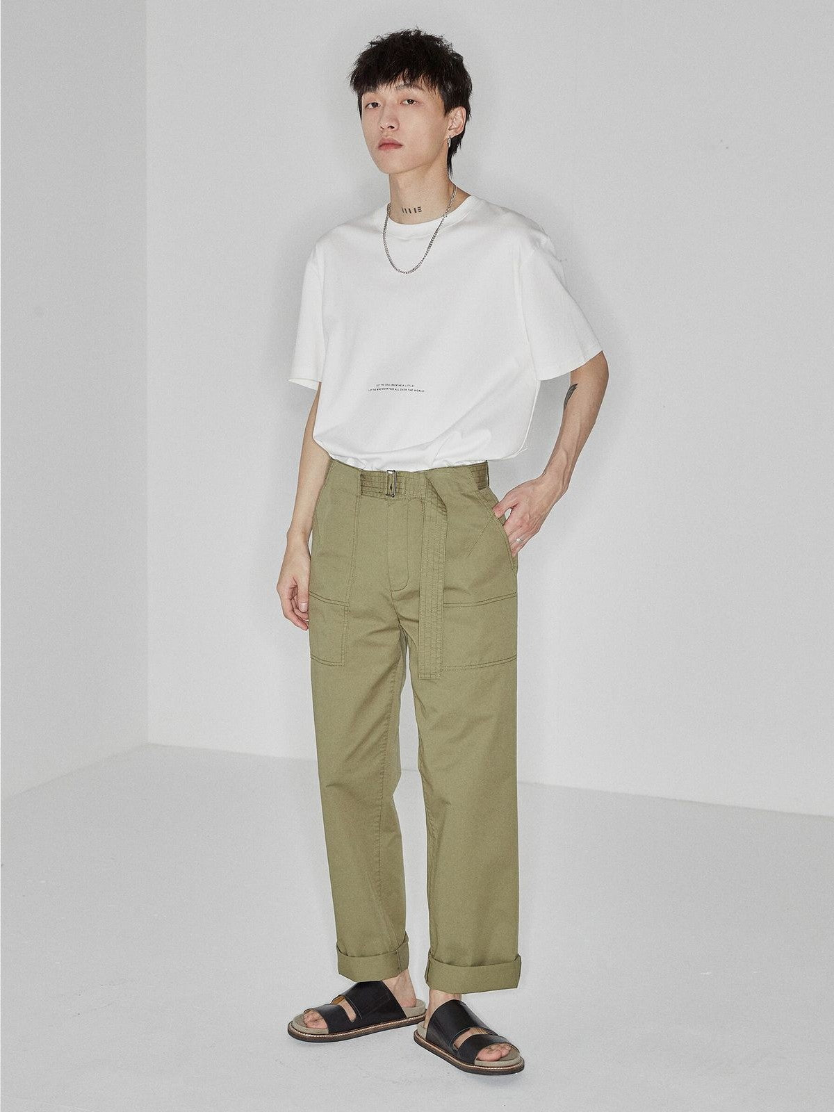 NANS Contrast Print Pima Cotton T Shirt in White - On Model