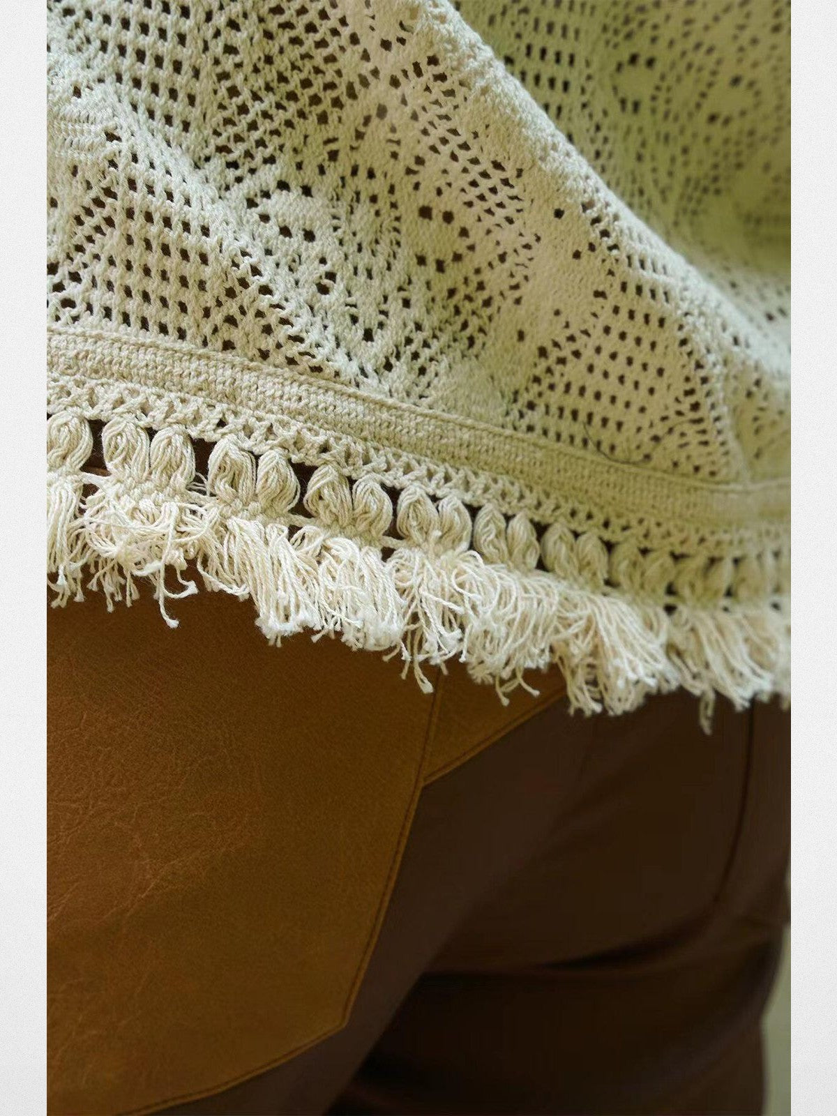 Retro 21 Fringed Lace Knit Cuban Collar Shirt in White - On Female Model