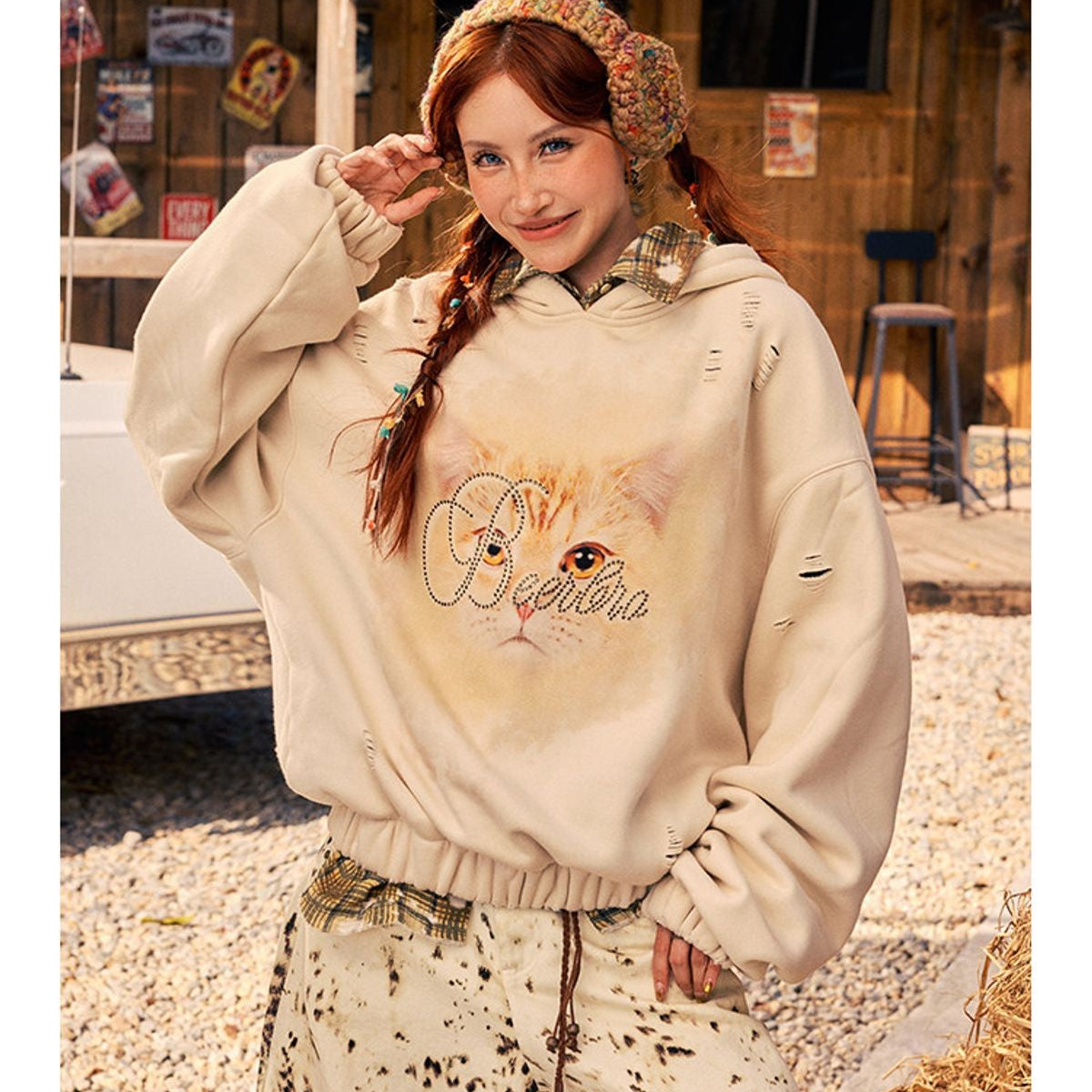 Beer Bro Distressed Cat Graphic Hoodie in Cream - On Model