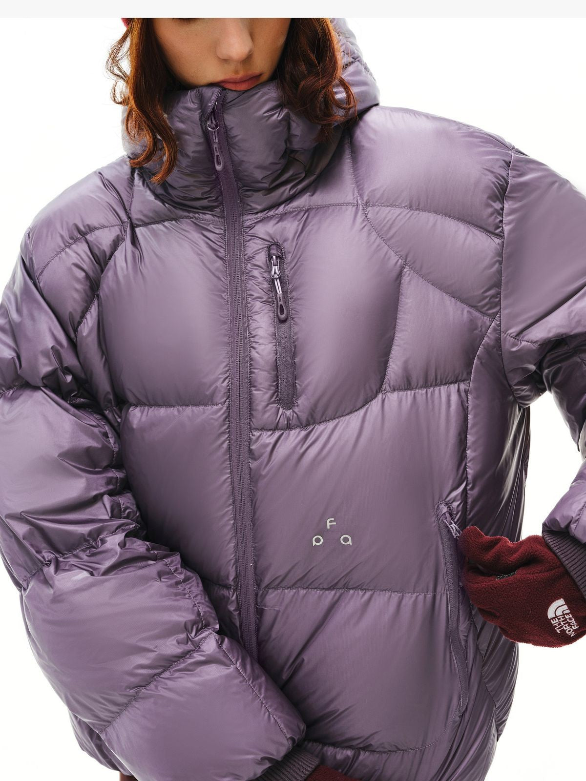 FPA Semi Sheer 800FP Hooded Puffer in Purple - On Female Model