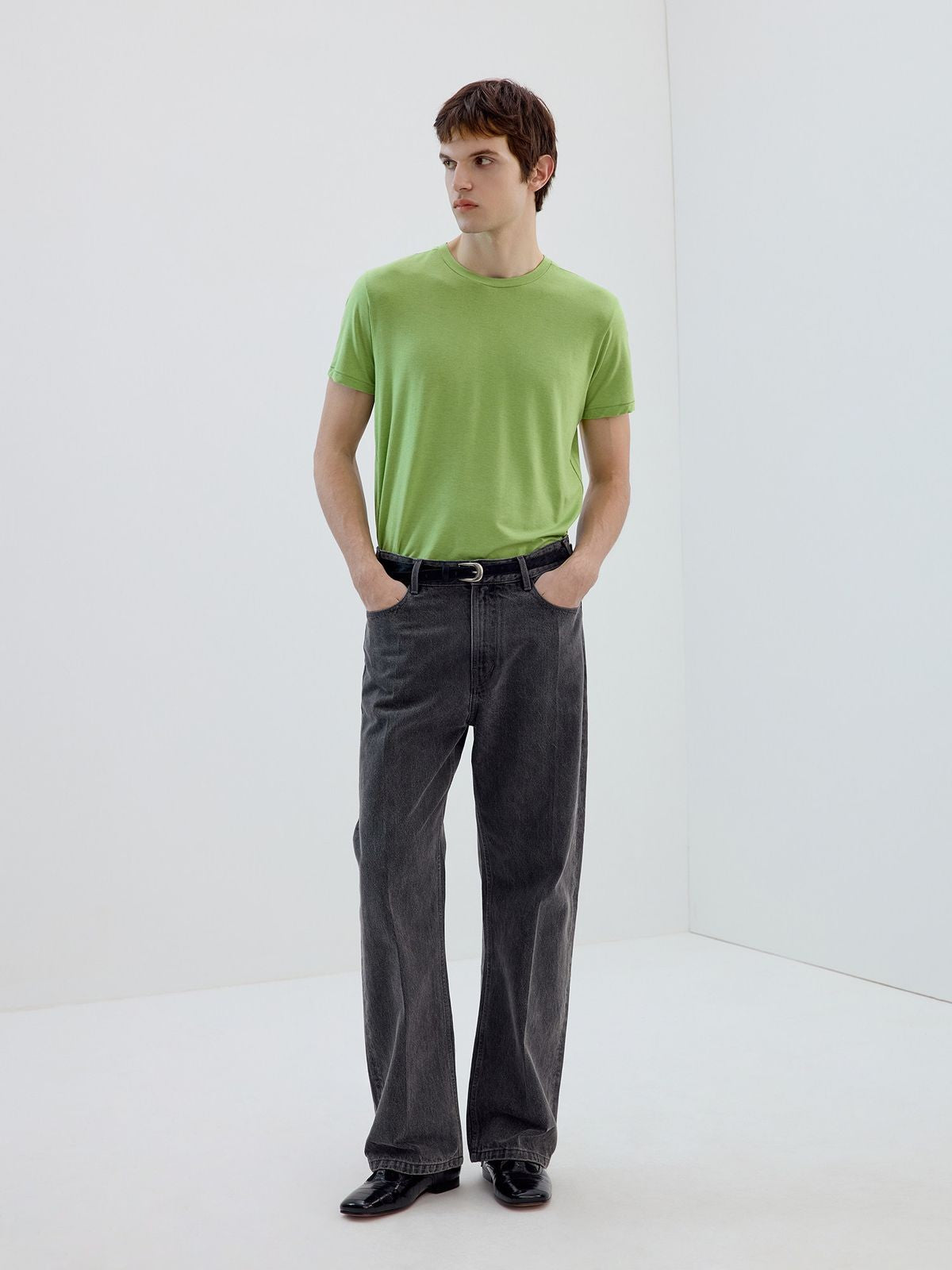 Simple Project Merino Wool Blend Crew T Shirt in Green - On Model