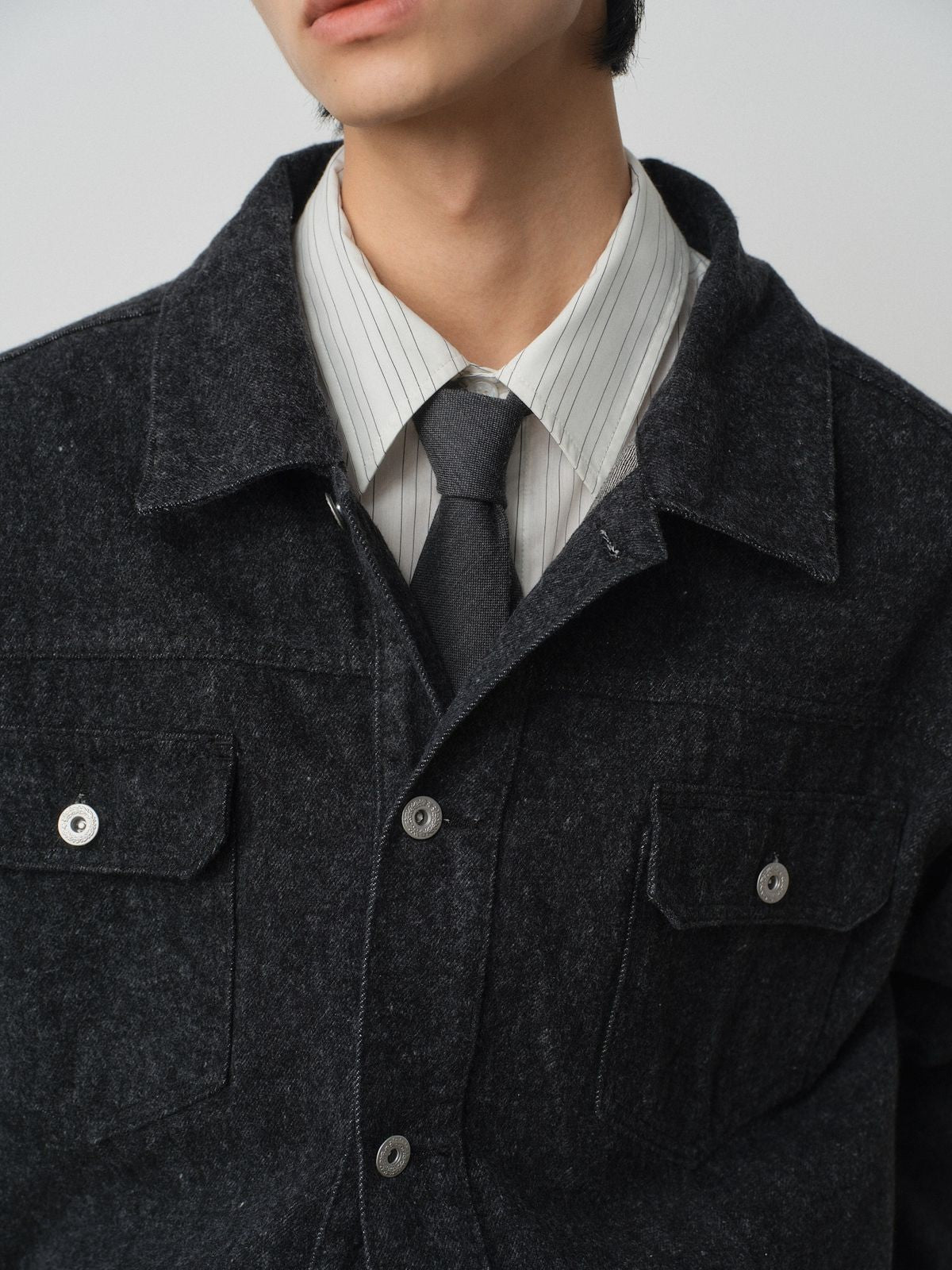 ROYA Sueded Cone Mills Denim Jacket in Black - On Model