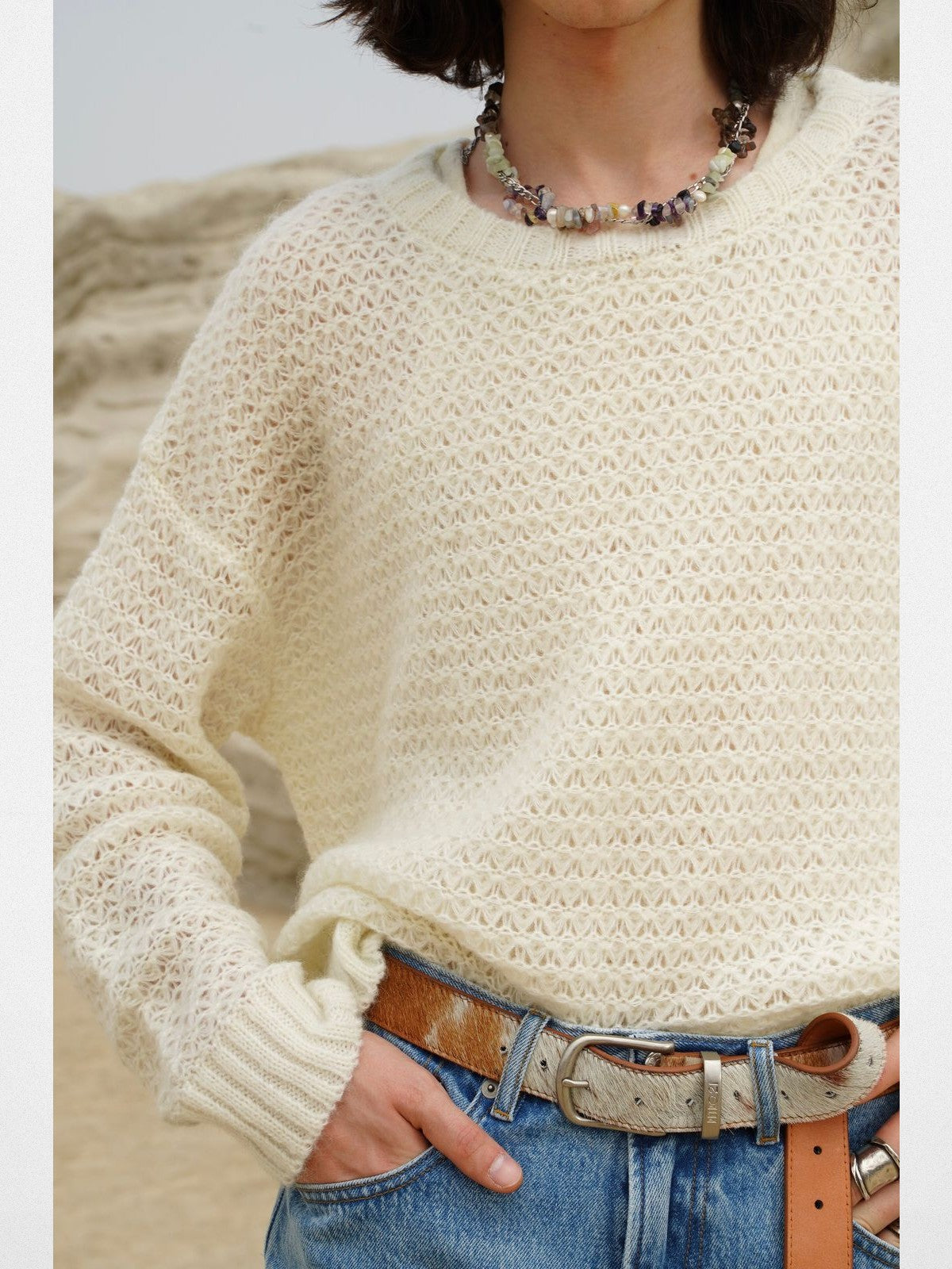 Retro 21 Hollow Knit Wool Mohair Sweater in White - Detail