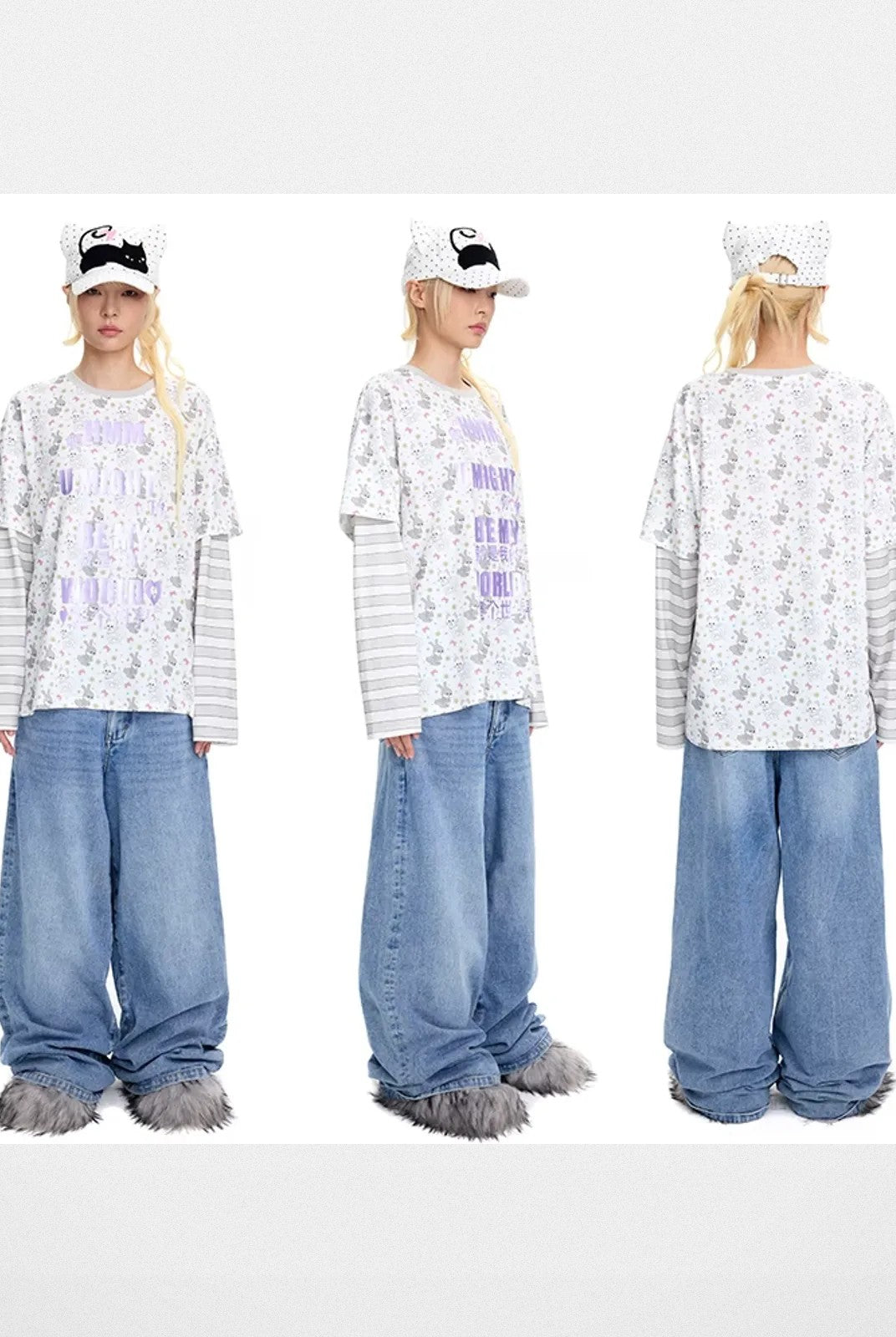 CFIERCE Embroidered Cat Ear Baseball Cap in White - On Model