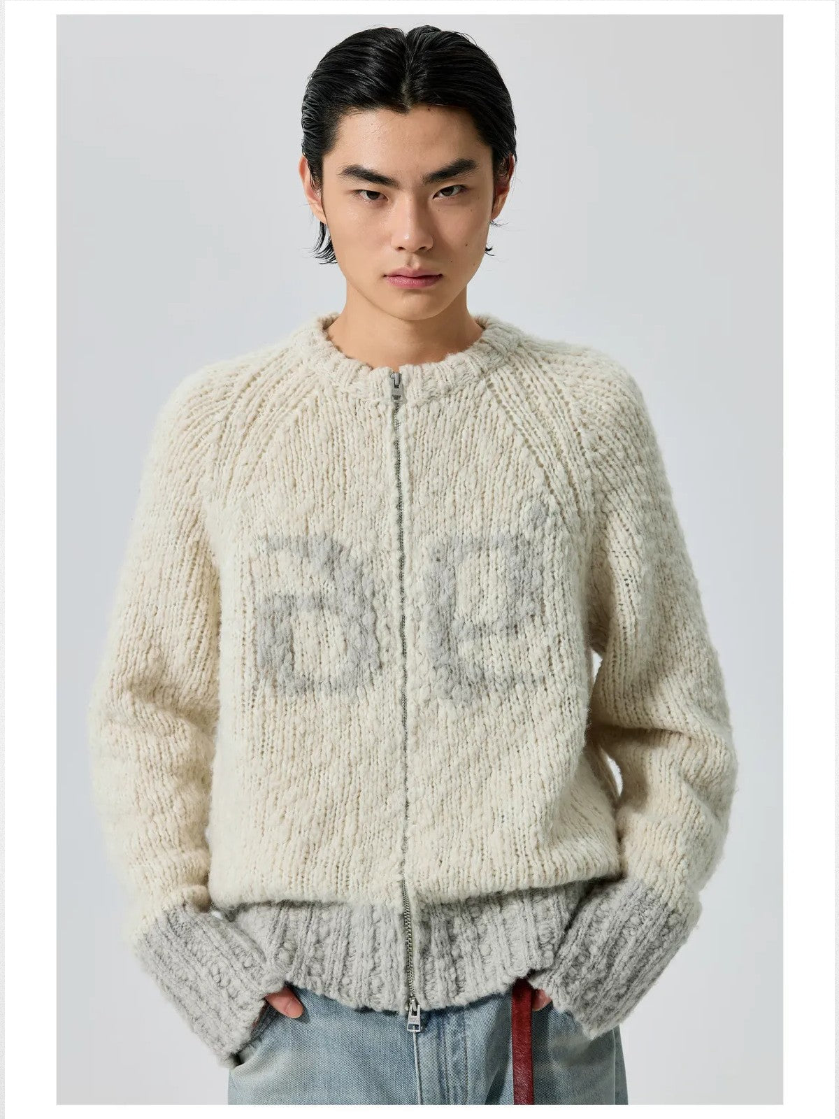 Simple Project Color Block Wool Blend Zip Cardigan in Beige - On Male Model