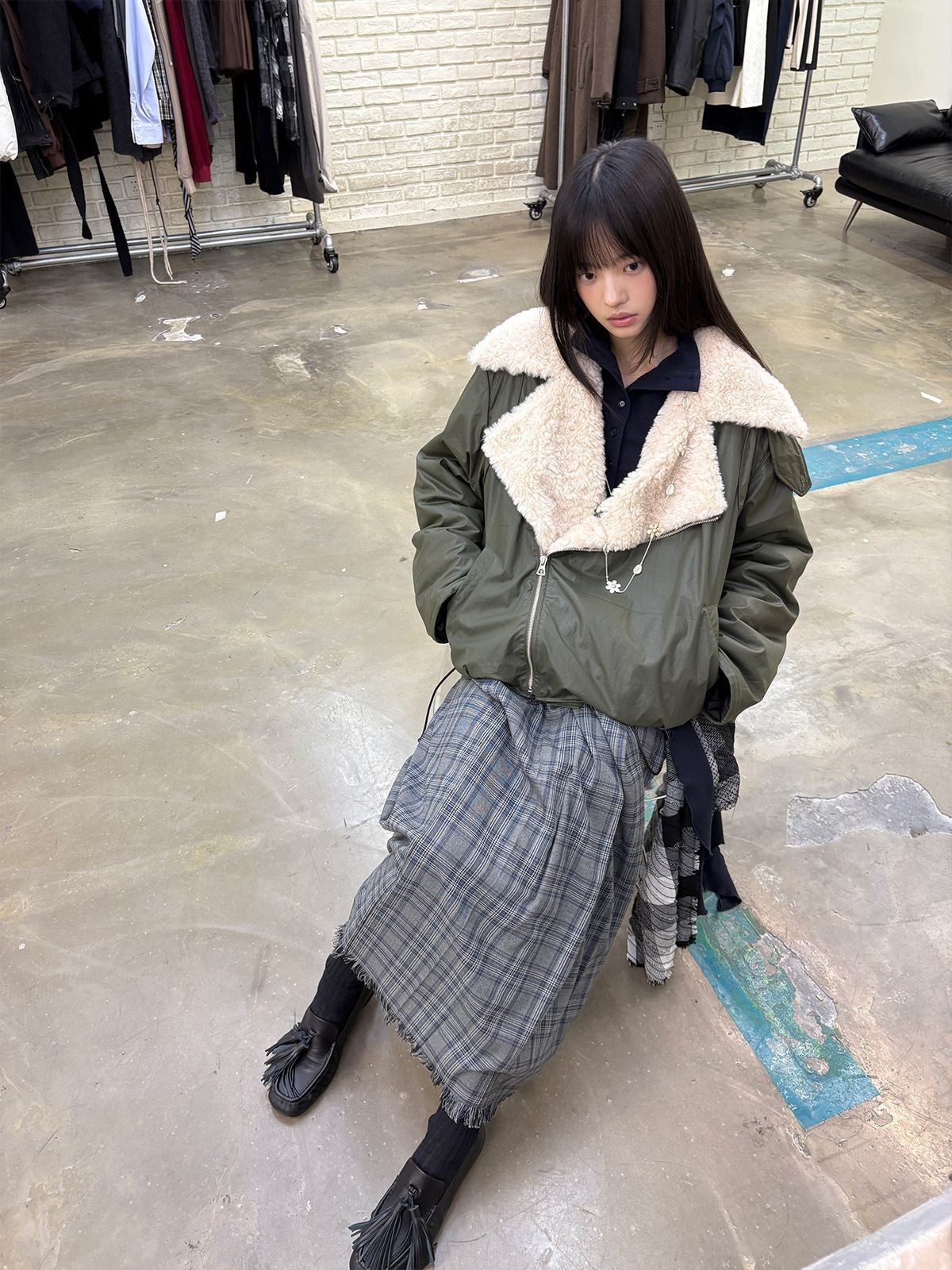 NeverSeez Asymmetric Zip Sherpa Collar Jacket in Green - On Model