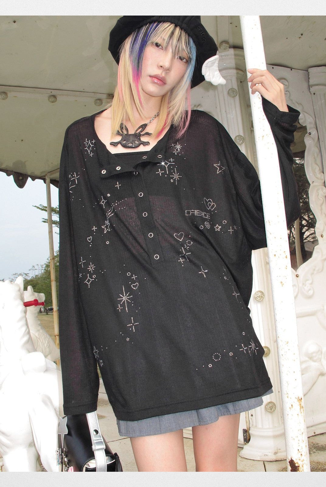 CFIERCE Starlight Rhinestone Henley Top in Black - On Model