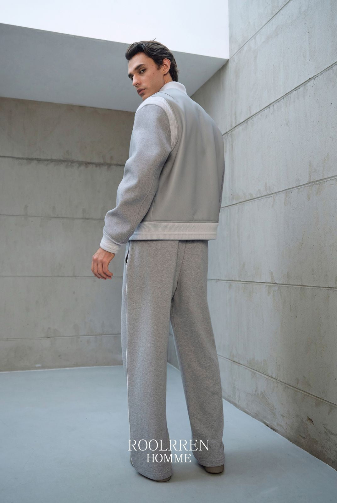 Roolrren homme Cowhide Lambswool Varsity Jacket in Gray - On Model