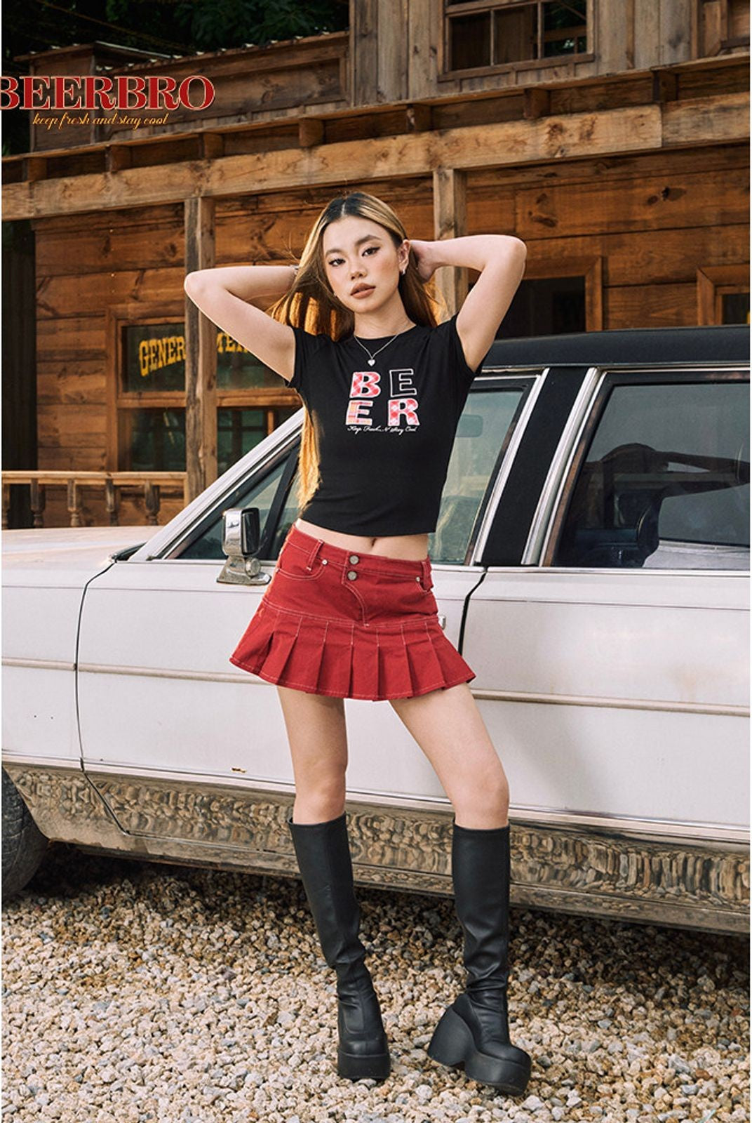 BeerBro Plaid Appliqu Baby Tee in Black - On Model