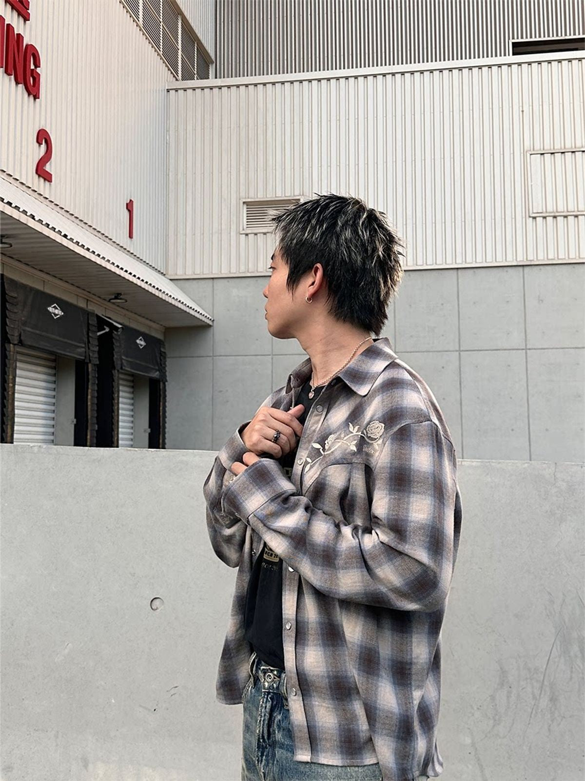 SOD Embroidered Plaid Western Shirt in Gray - On Model