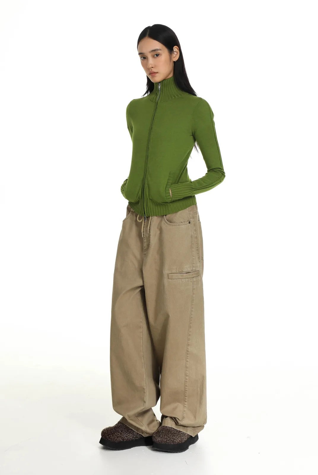 MASONPRINCE High Neck Cotton Blend Cardigan in Green - On Model