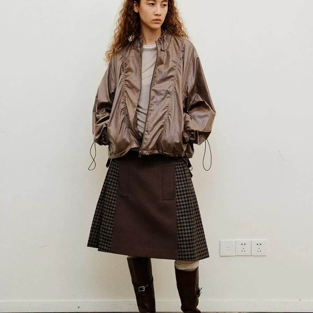 NeverSeez Glossy Ruched Tencel Windbreaker in Coffee - On Model