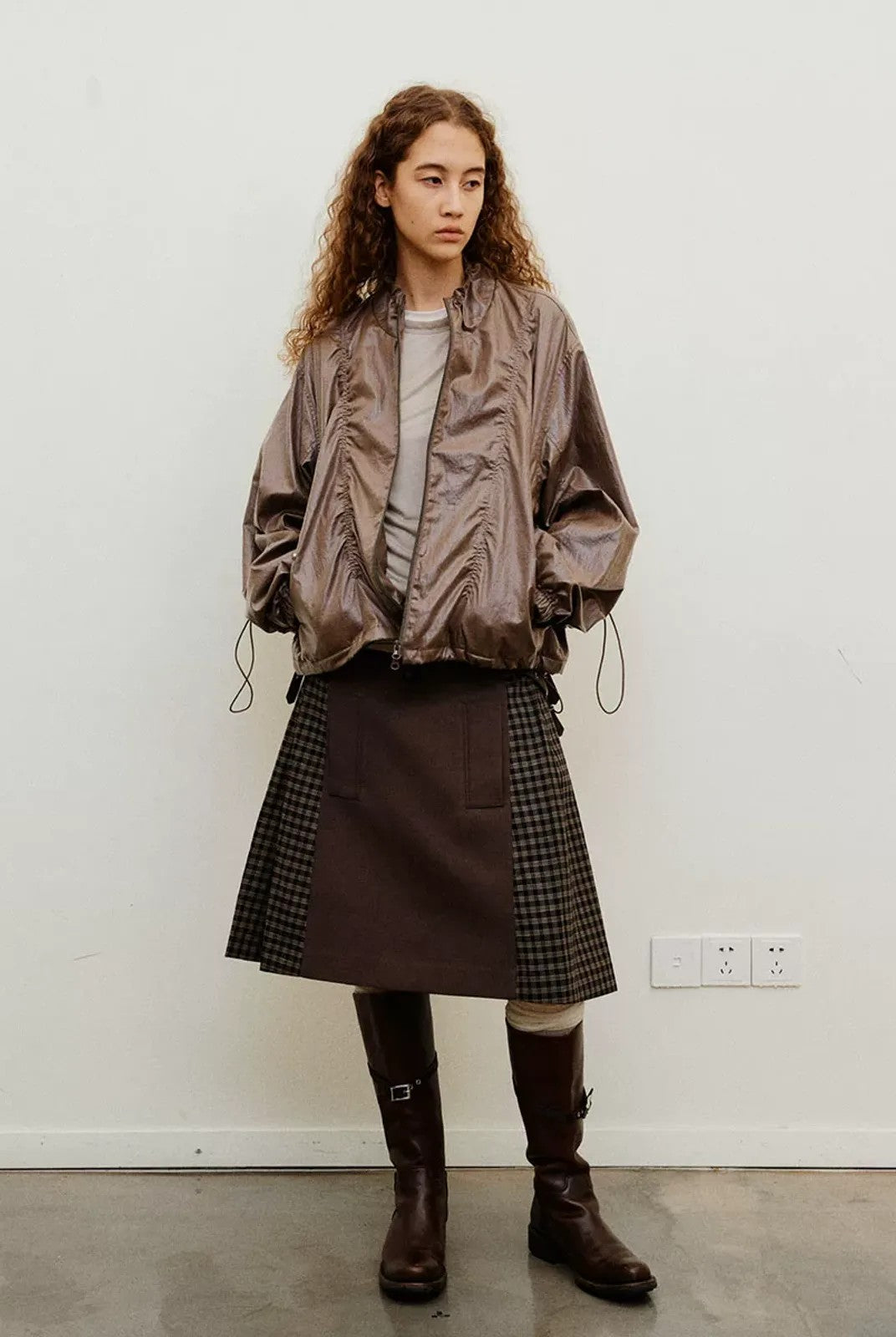 NeverSeez Glossy Ruched Tencel Windbreaker in Coffee - On Model