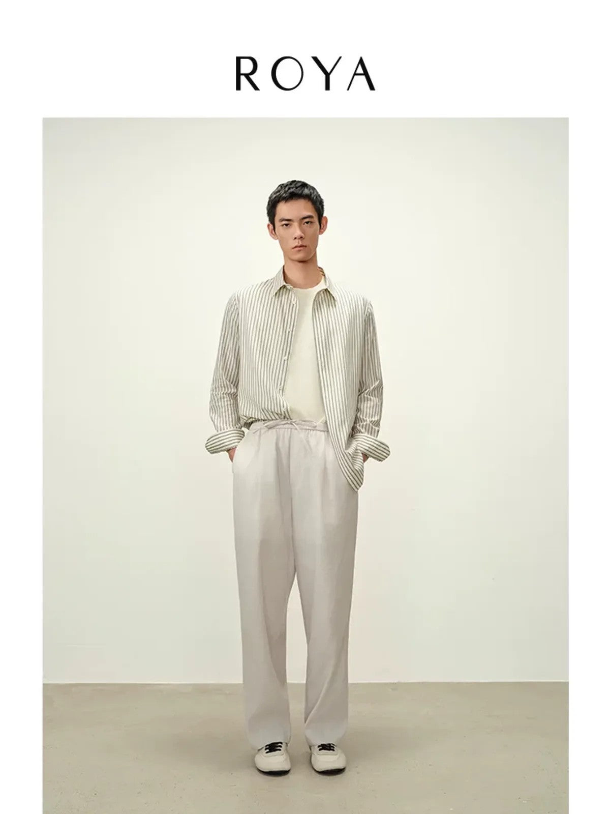 ROYA Striped Lyocell Silk Blend Shirt in White - On Model