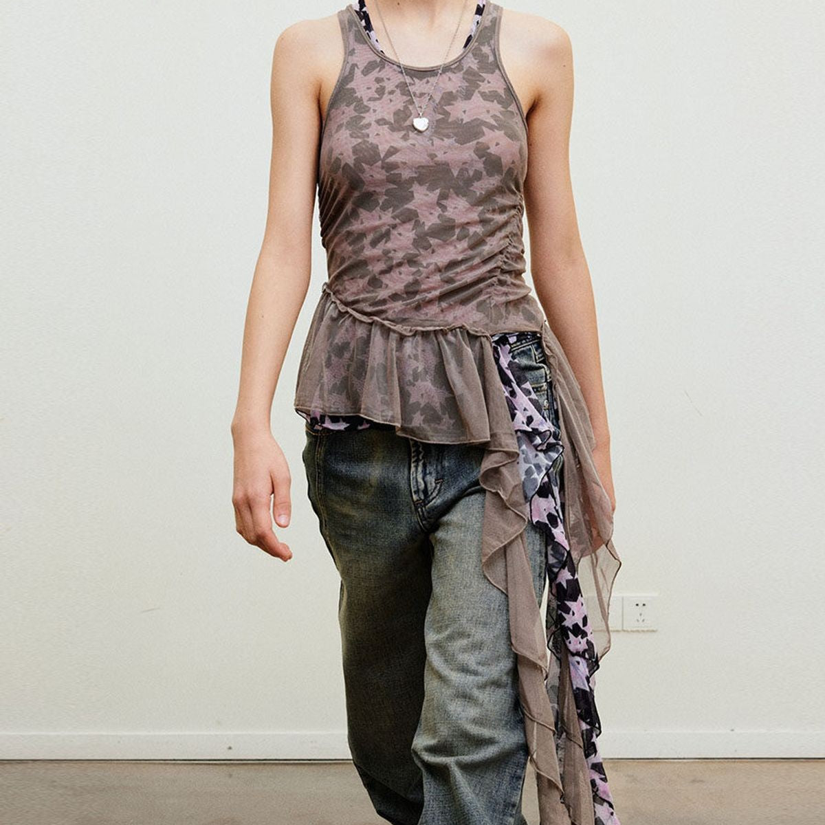 NeverSeez Asymmetric Mesh Streamer Tank in Star Pattern - On Model