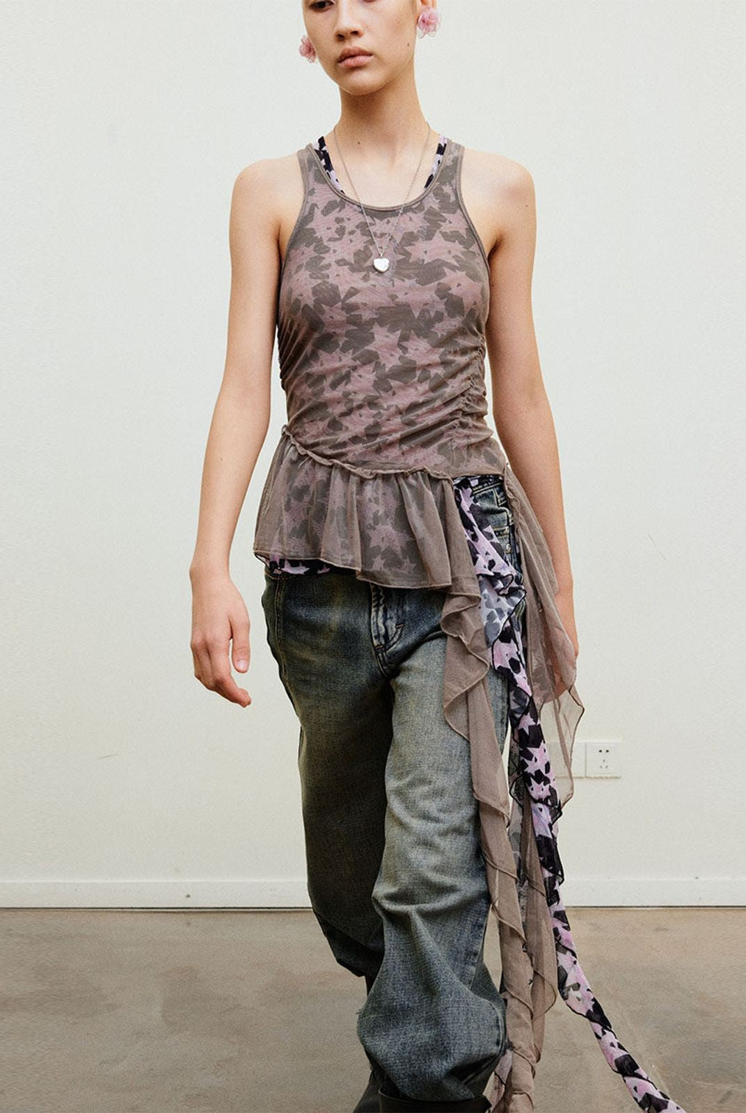 NeverSeez Asymmetric Mesh Streamer Tank in Star Pattern - On Model