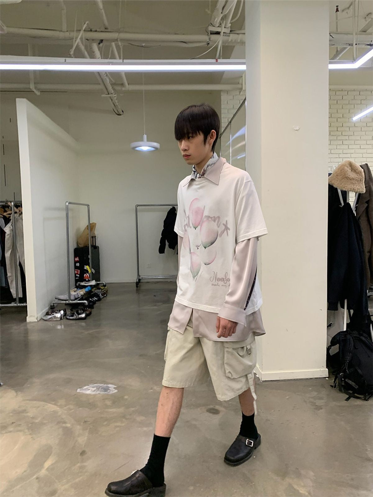 NeverSeez Retro Balloon Print Cotton T Shirt in White - On Male Model