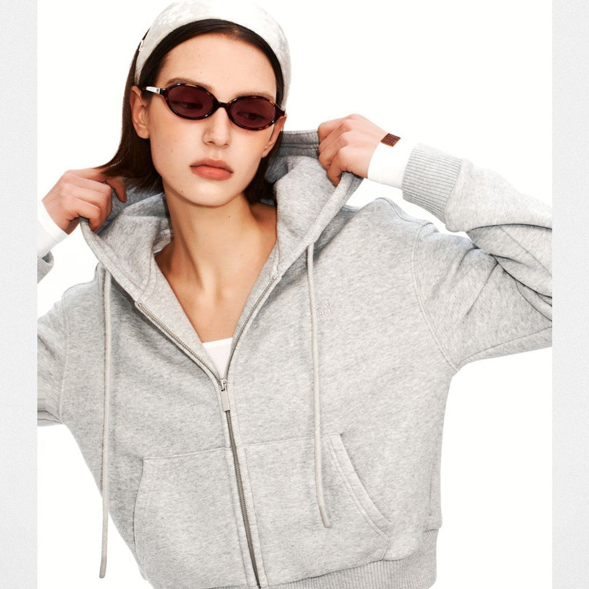 PUKI Cropped Cotton Blend Zip Hoodie in Gray - On Model