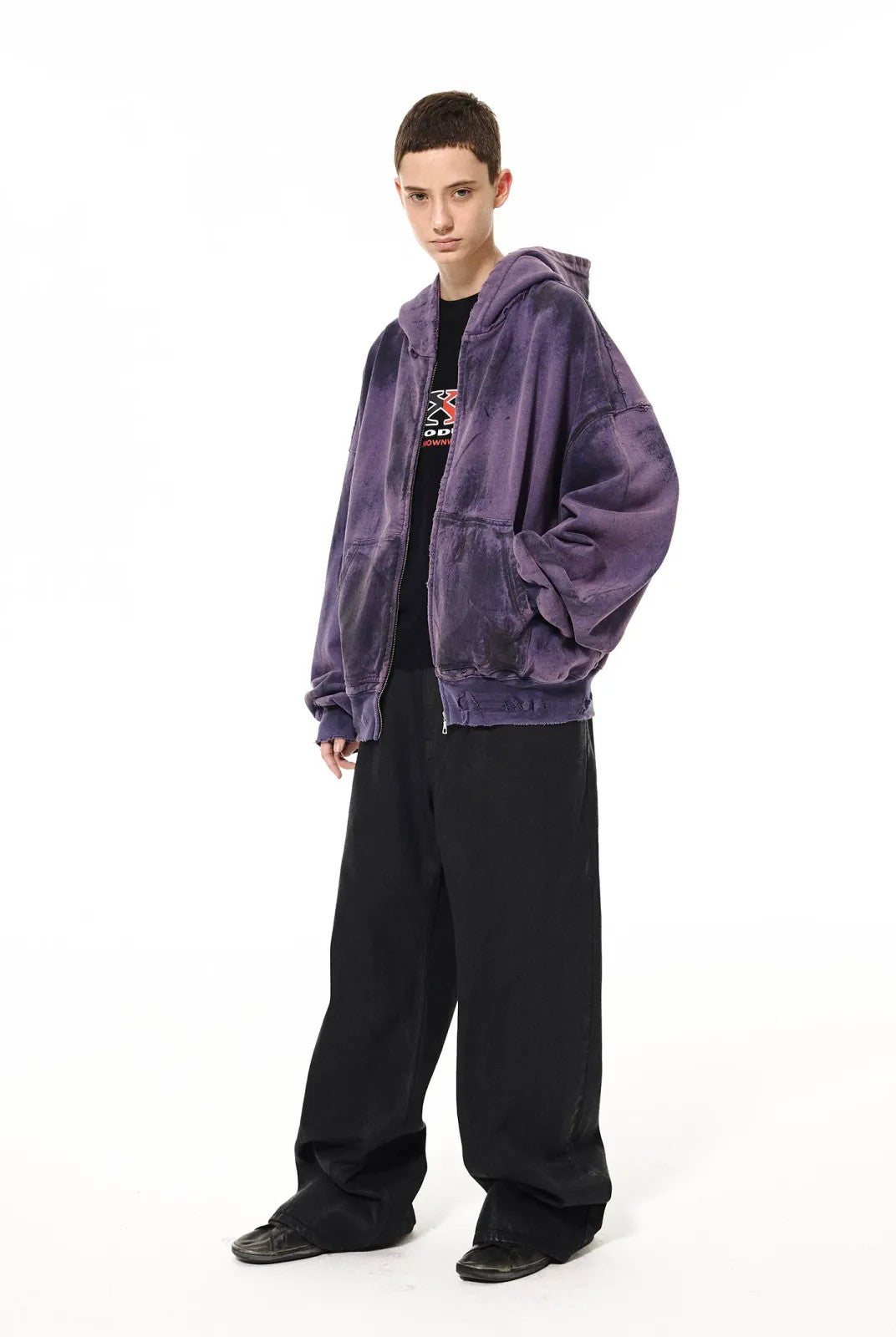 UNKNOWNWORLD Mud Dyed Zip Up Hoodie in Purple - On Model