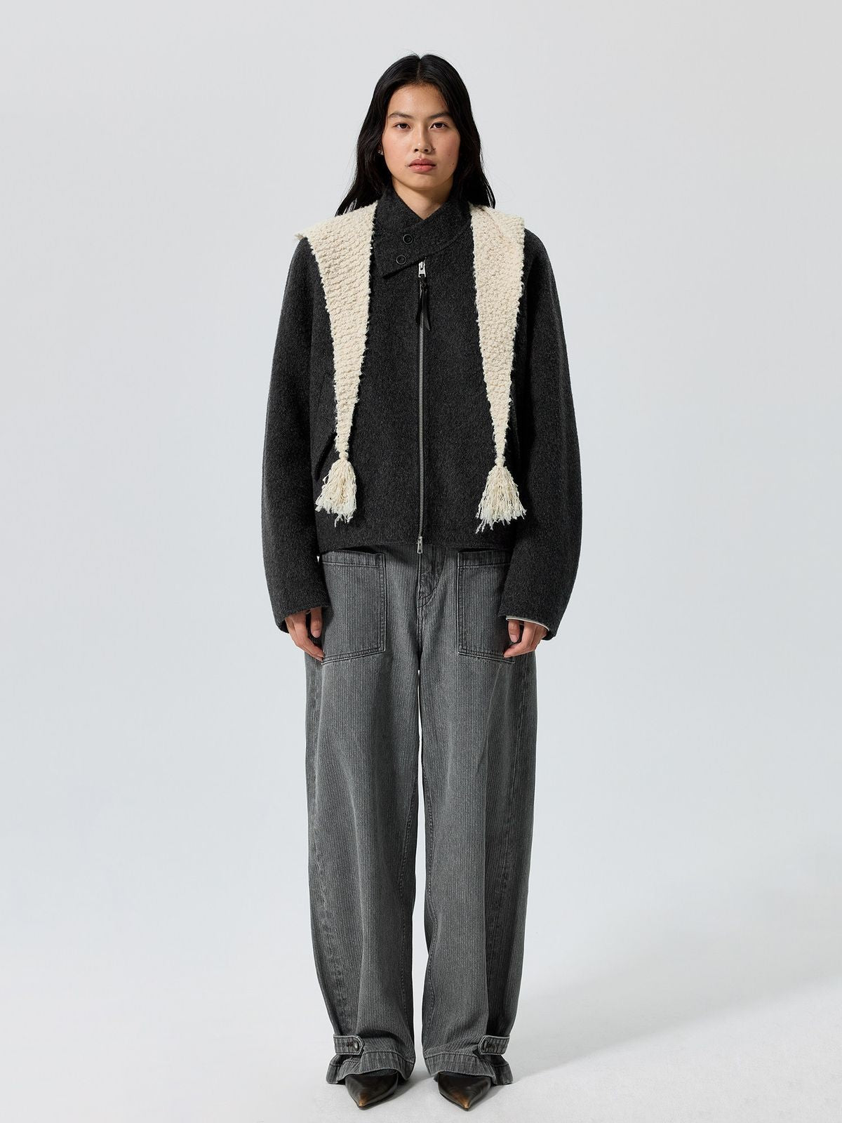 Simple Project Double Faced Wool Harrington Jacket in Gray - On Female Model