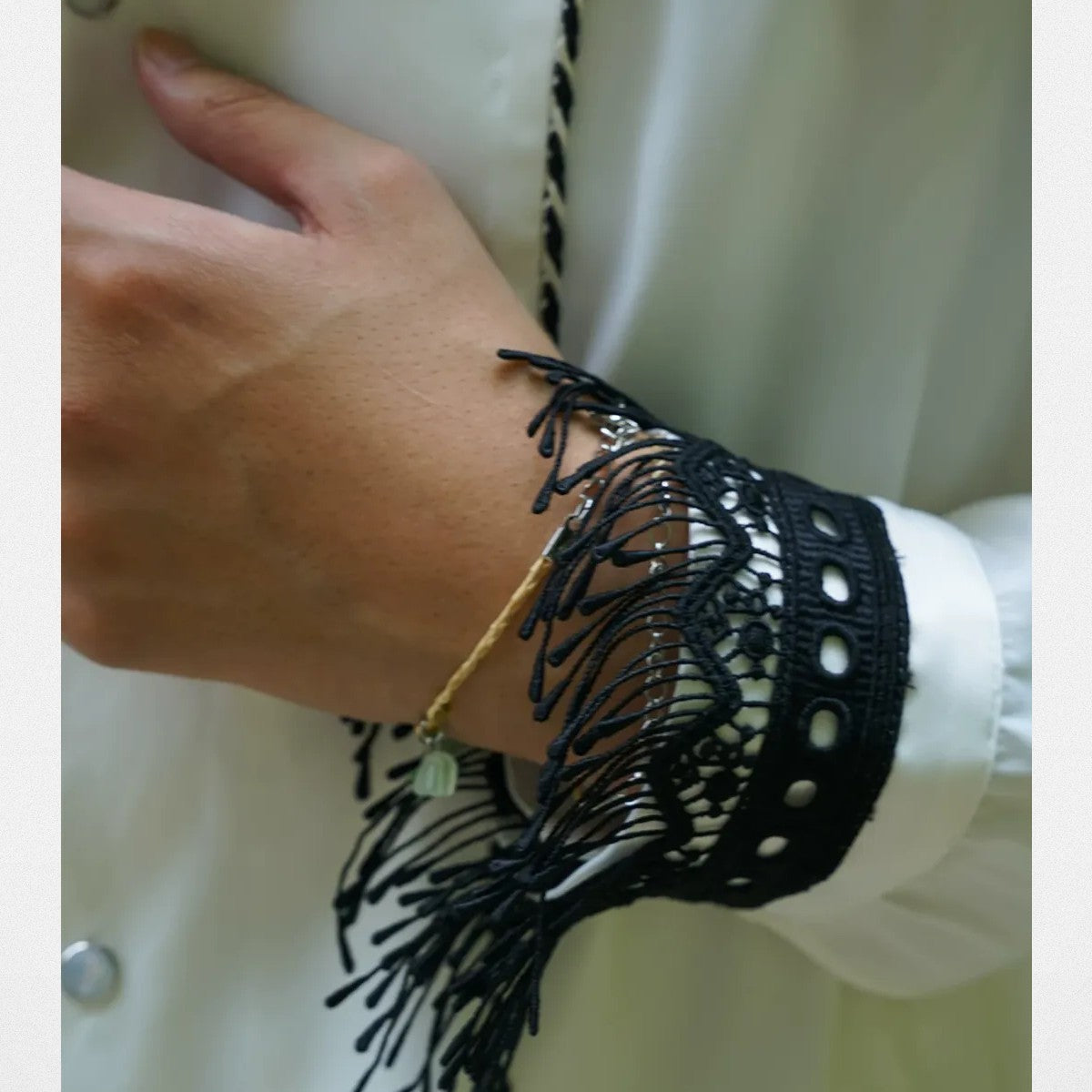 Retro 21 Lace Tassel Shirt Jacket in White - Detail