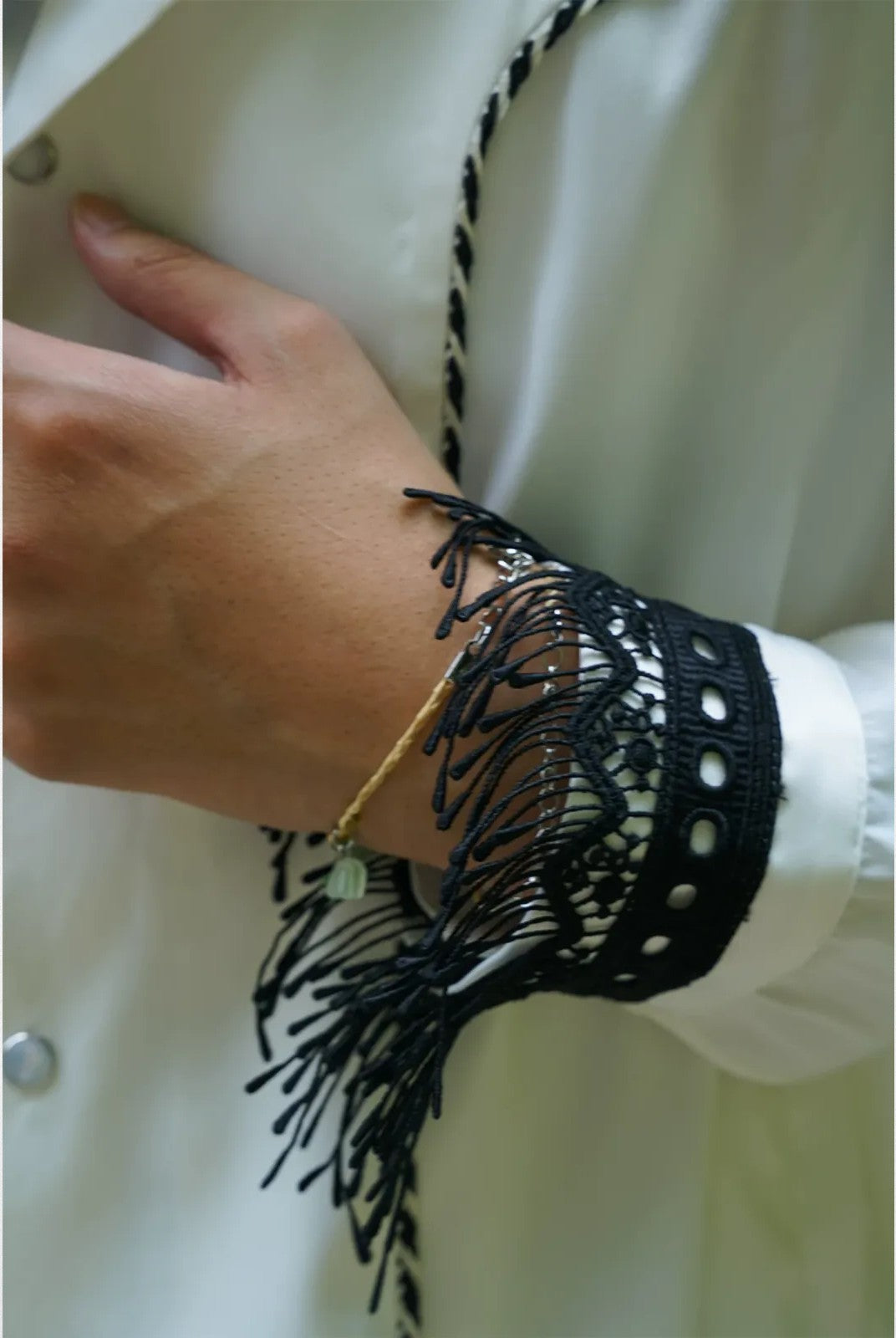 Retro 21 Lace Tassel Shirt Jacket in White - Detail