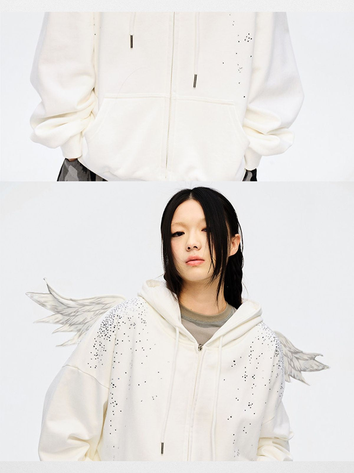 CFIERCE Rhinestone Angel Wing Zip Hoodie in White - On Female Model