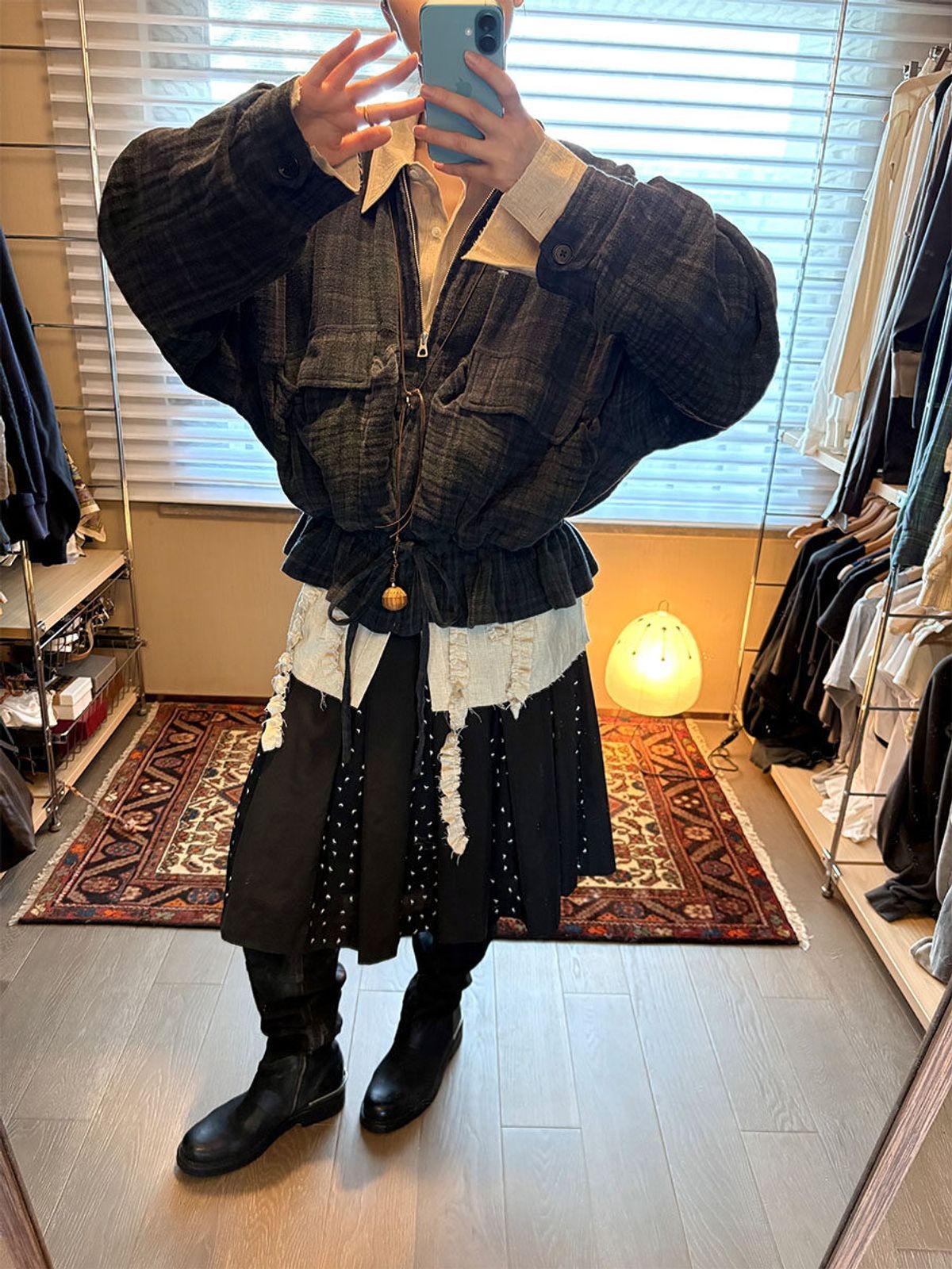 NeverSeez Linen Cotton Plaid Zip Jacket in Gray - On Female Model