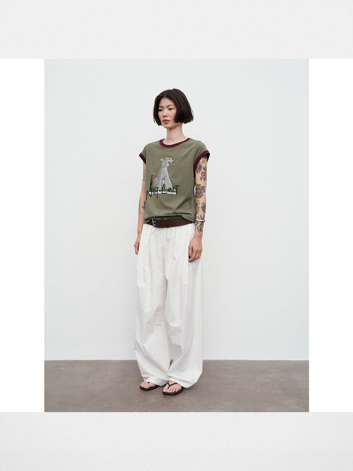 RandomPiece Dog Graphic Flutter Sleeve Tee in Olive - On Model