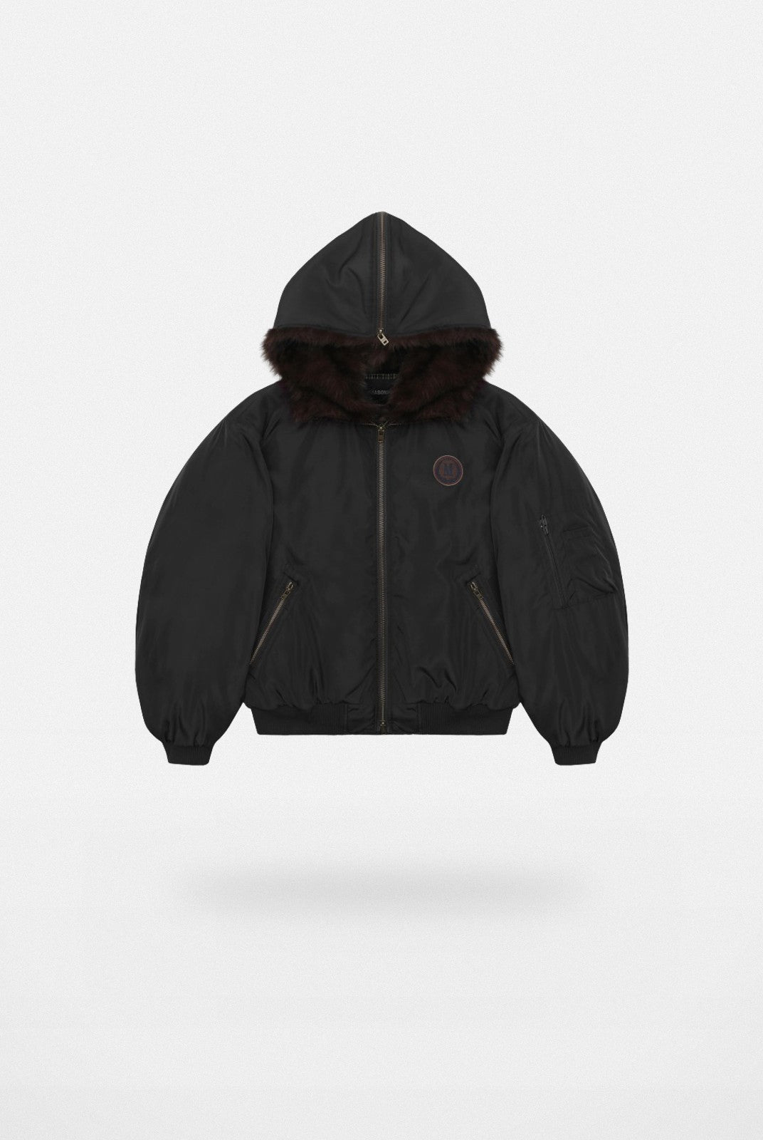 MASONPRINCE Faux Fur Hooded Puffer Bomber in Black