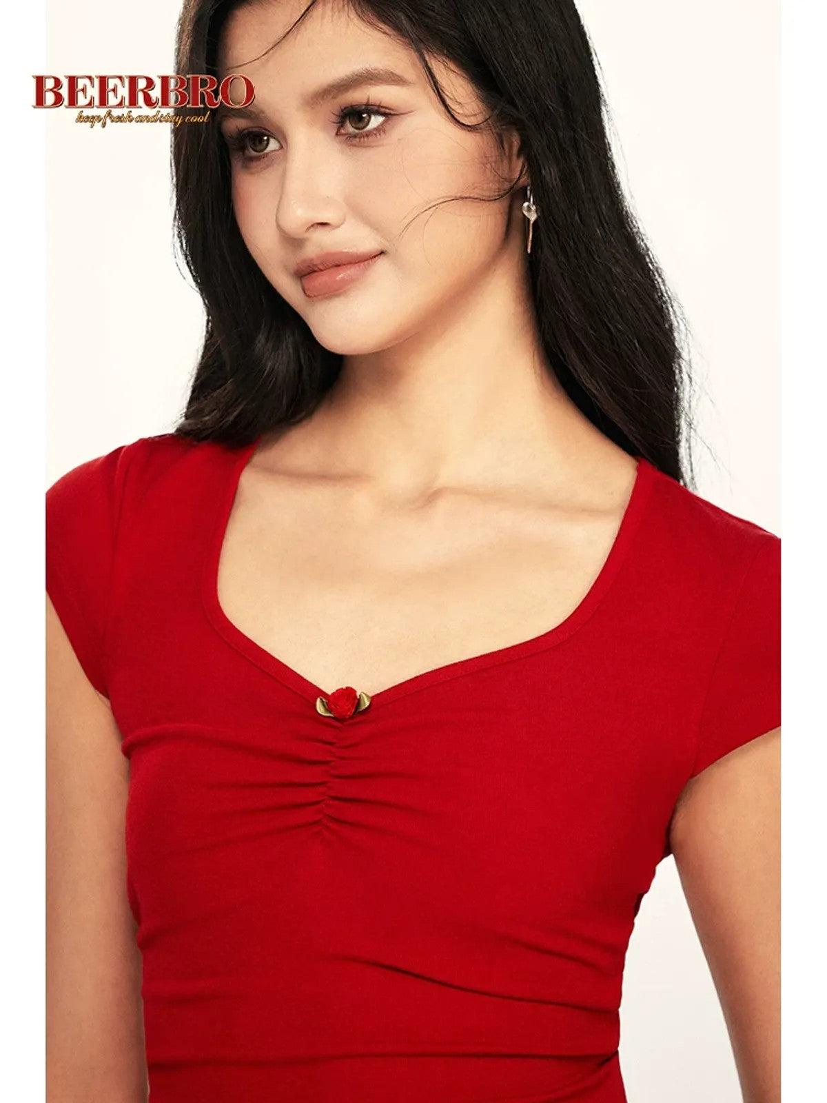 BeerBro Twist Front Ruched Tee in Red