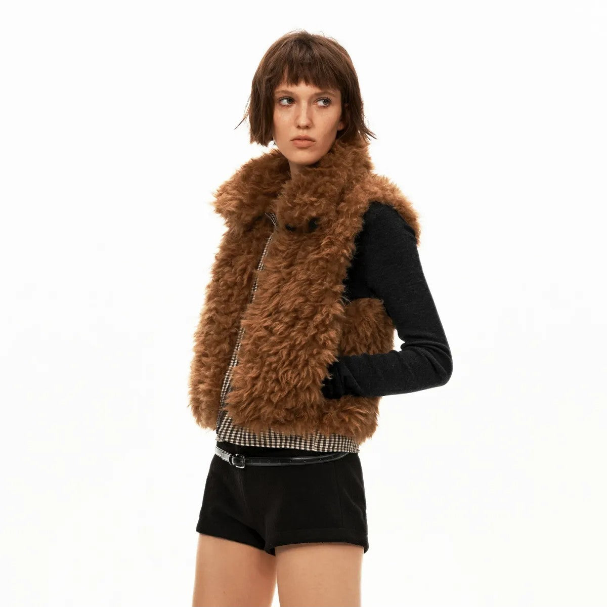 PUKI Reversible Sherpa Plaid Vest in Brown - On Model