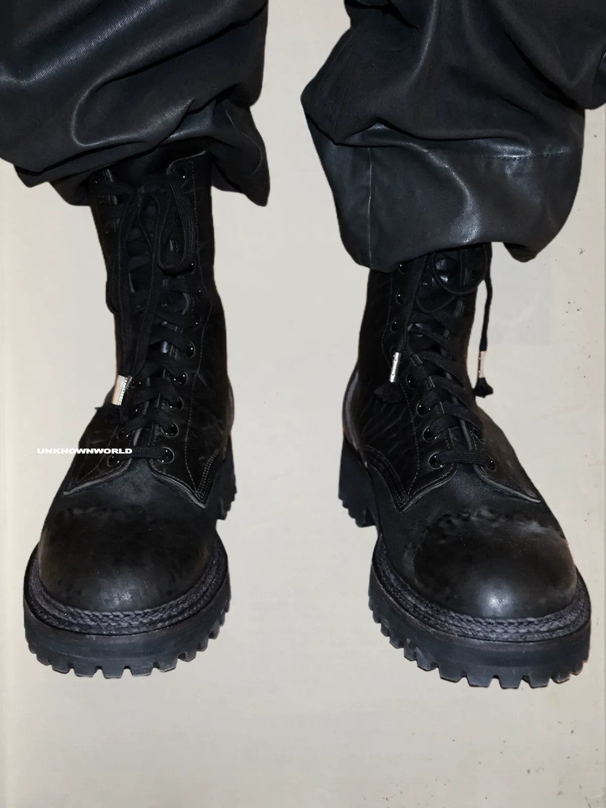 UNKNOWNWORLD Maryam Horse Leather Norwegian Welt Boots in Black - On Model